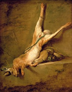 Lepre morta con corno da polvere e borsa da caccia, c.1726-30